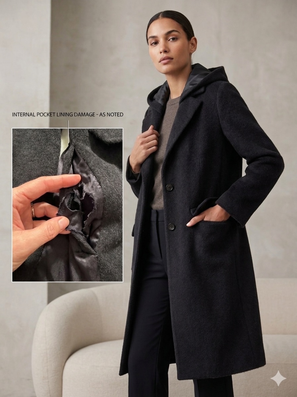 Theory Angora & Virgin Wool Hooded Overcoat Black Size M Cozy Luxury